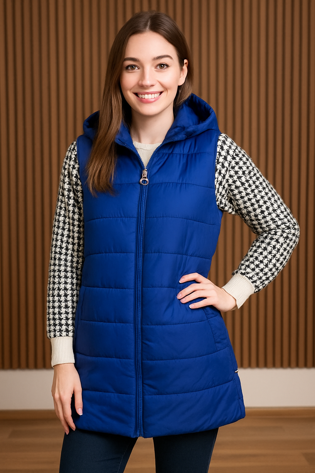 Dámská dlouhá vesta s kapucí 