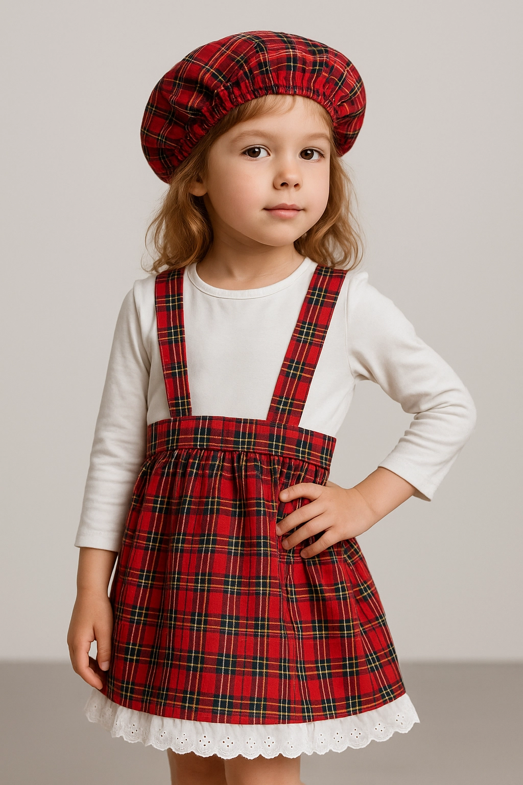 Dívčí souprava – bílá halenka, červené kostkované šaty a baret