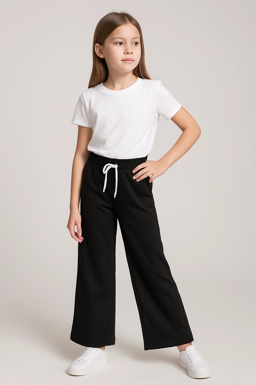 Černé dívčí tepláky se širokými nohavicemi