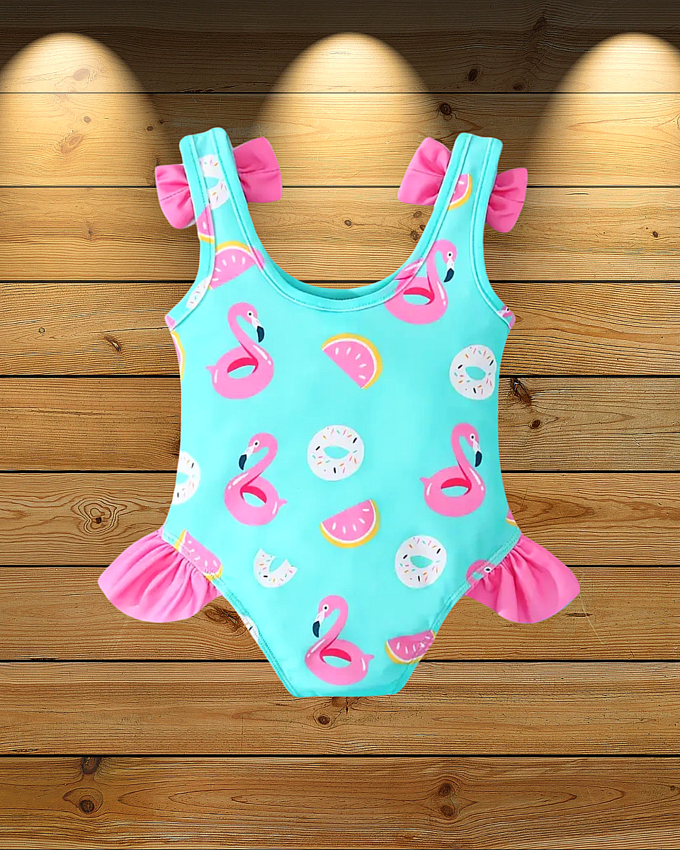 Jednodílné dětské plavky s mašlí a potiskem 