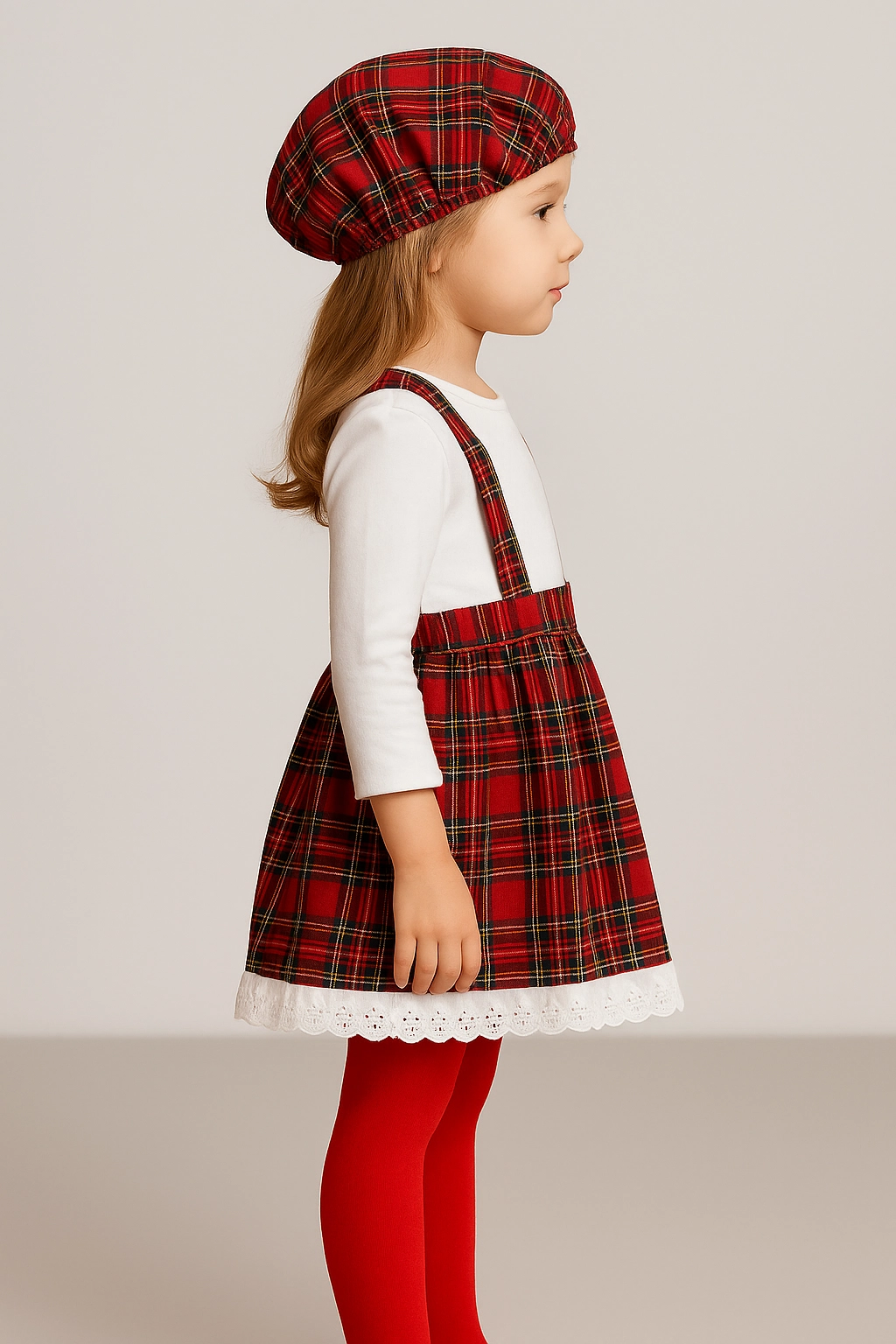 Dívčí souprava – bílá halenka, červené kostkované šaty a baret