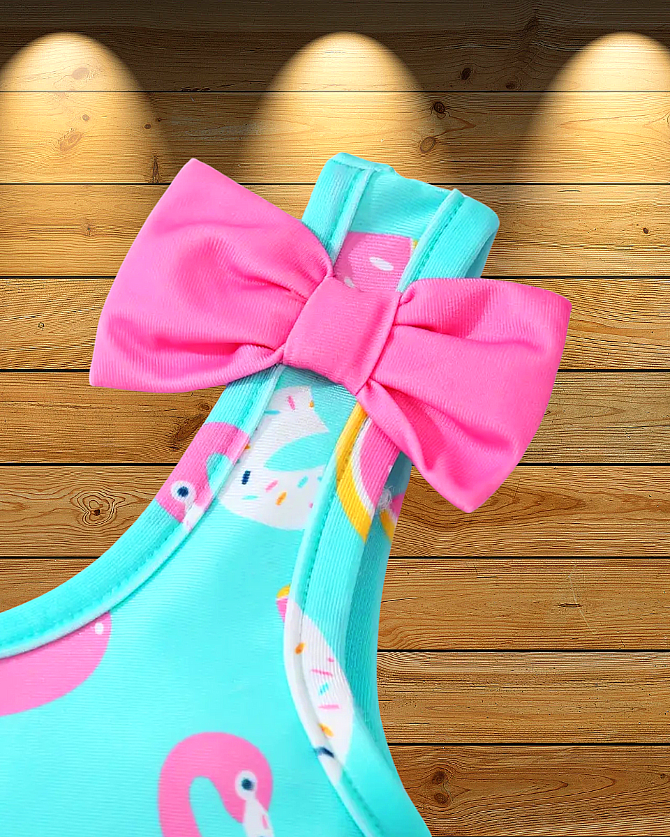 Jednodílné dětské plavky s mašlí a potiskem 