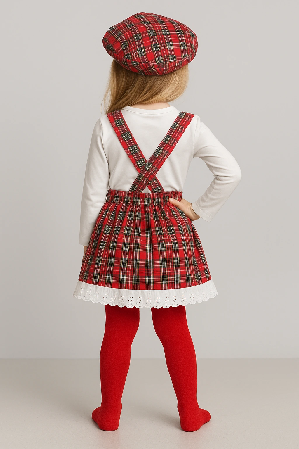 Dívčí souprava – bílá halenka, červené kostkované šaty a baret