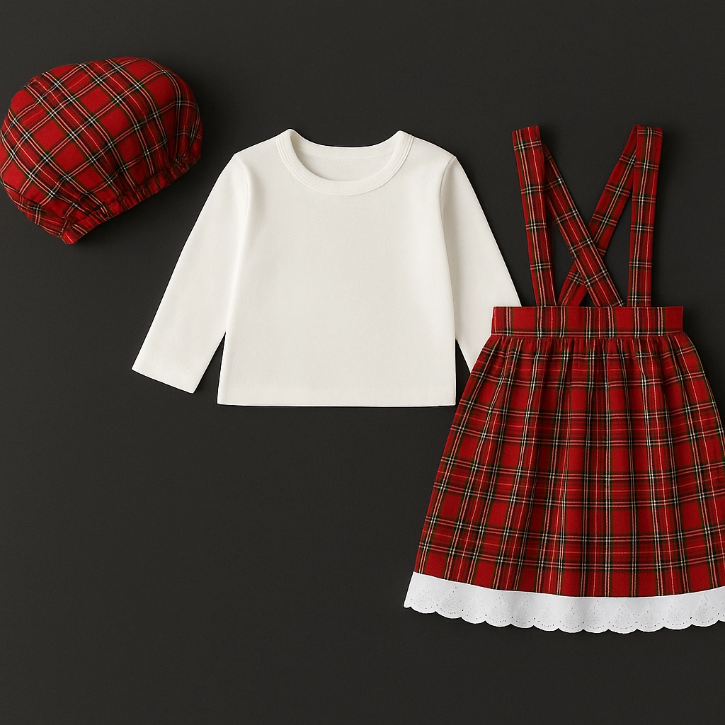 Dívčí souprava – bílá halenka, červené kostkované šaty a baret